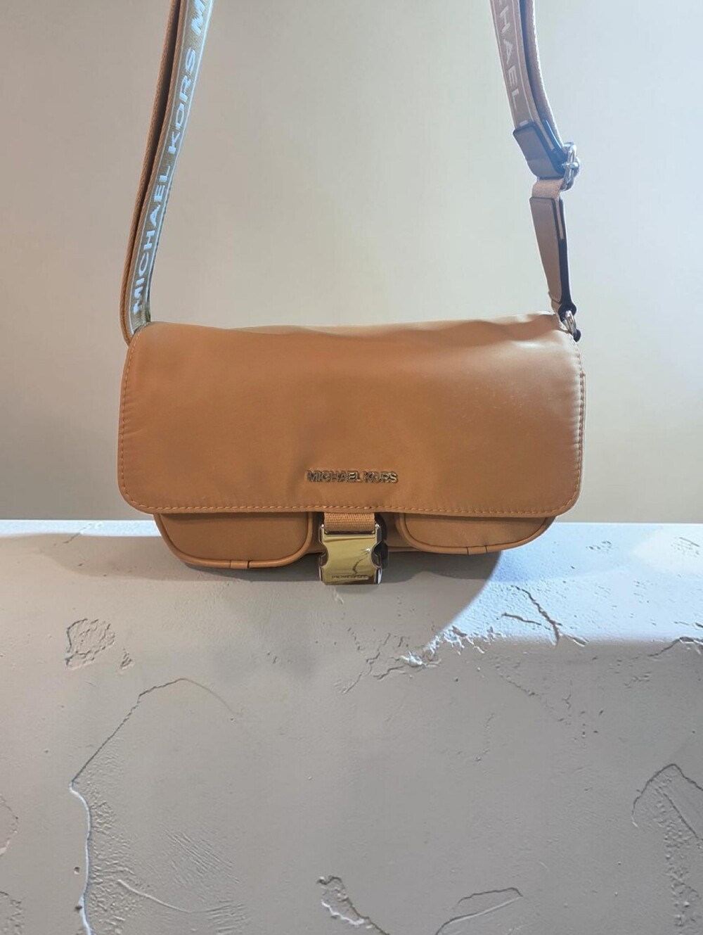 Michael Kors Tan Leather Crossbody with Gold Hardware and Logo Strap